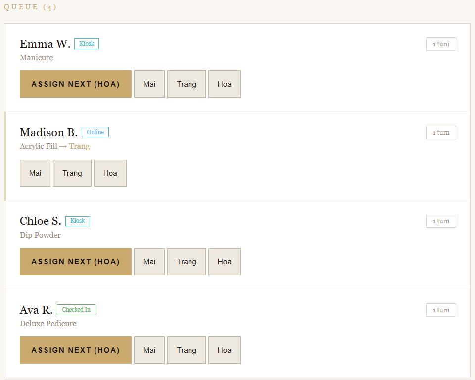 TurnBook queue showing walk-ins and appointments