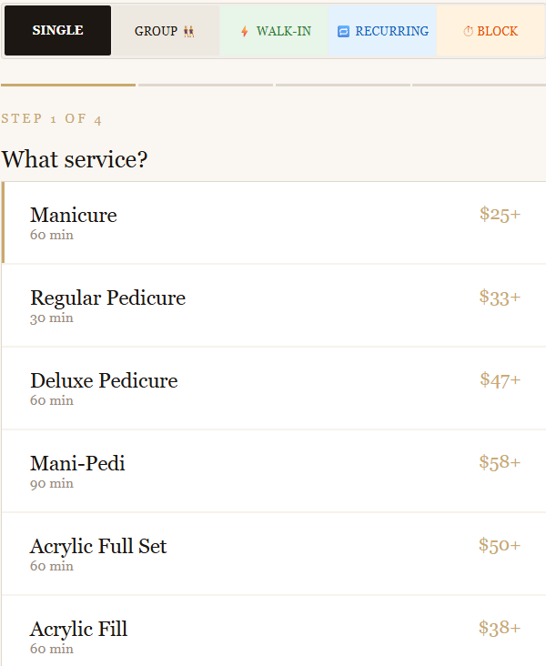 TurnBook booking flow — service selection