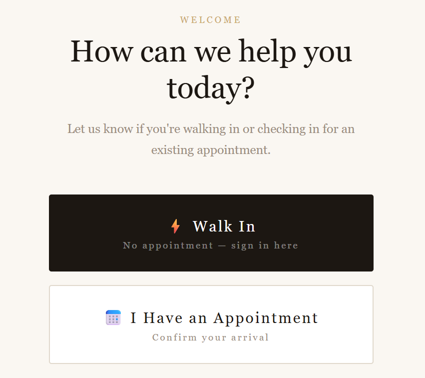 TurnBook client kiosk — walk in or appointment